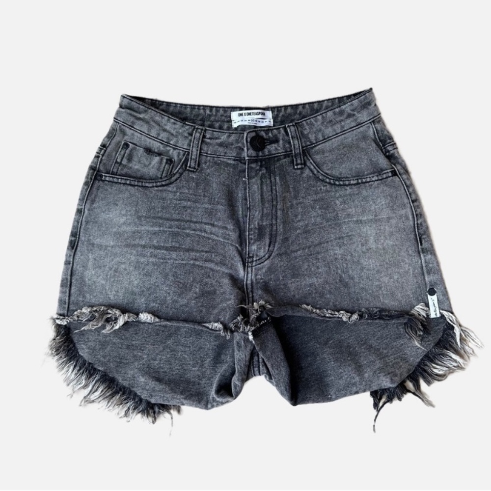 One Teaspoon Washed Black High Waist Frayed Denim Shorts